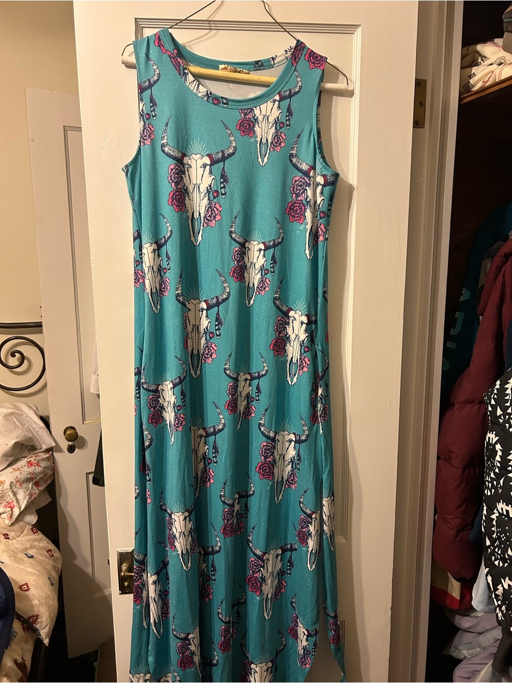 Sleeveless Turquoise Maxi Dress with Floral Steer Skull Print